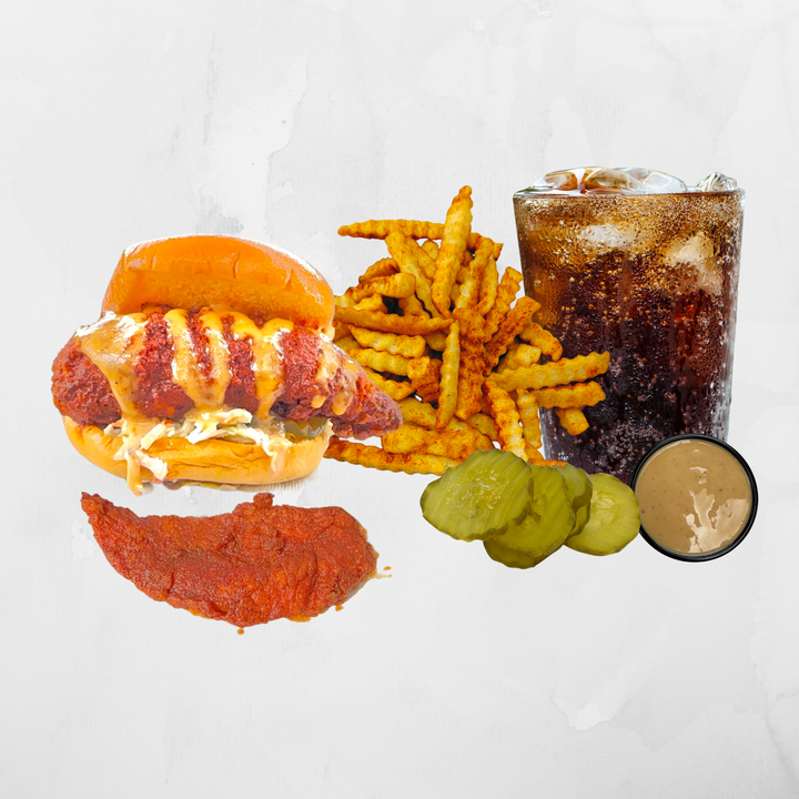 Sandwich, Tender, Fries, Drink.